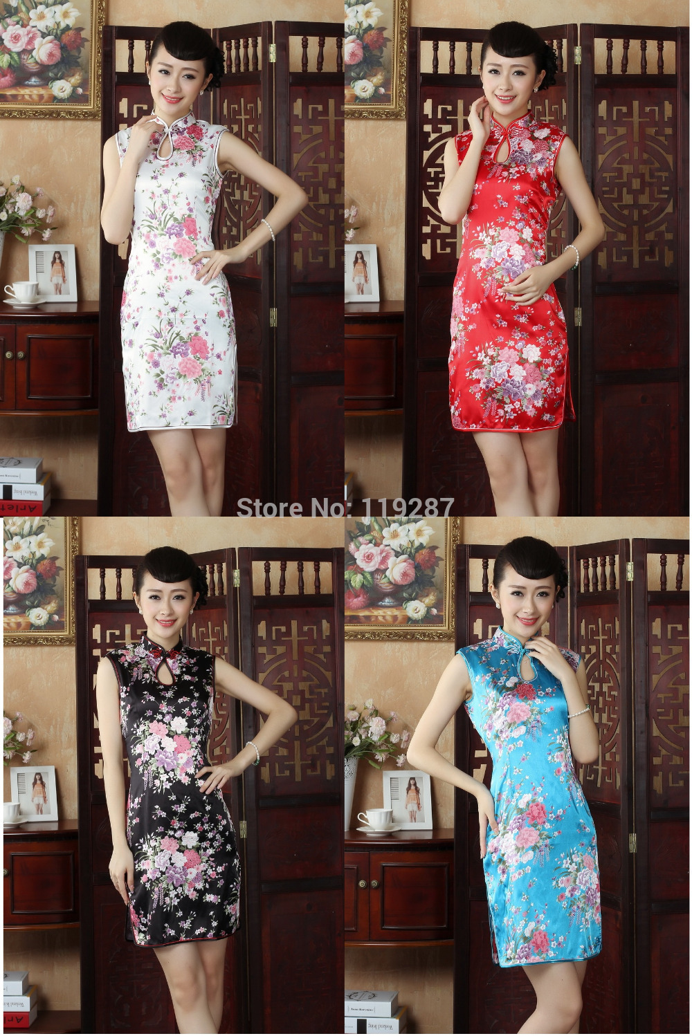 상하이 스토리 중국어 번체 드레스 가짜 실크 cheongsam 중국어 여성 드레스 레이온 qipao 드레스 4 색